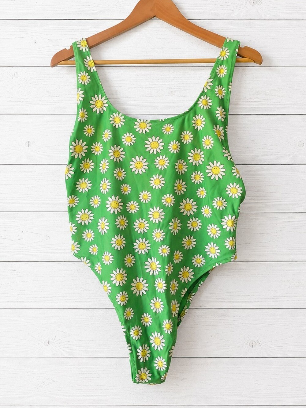 Aerie Green Smile Face Daisy Print One-Piece Swimsuit Size XL